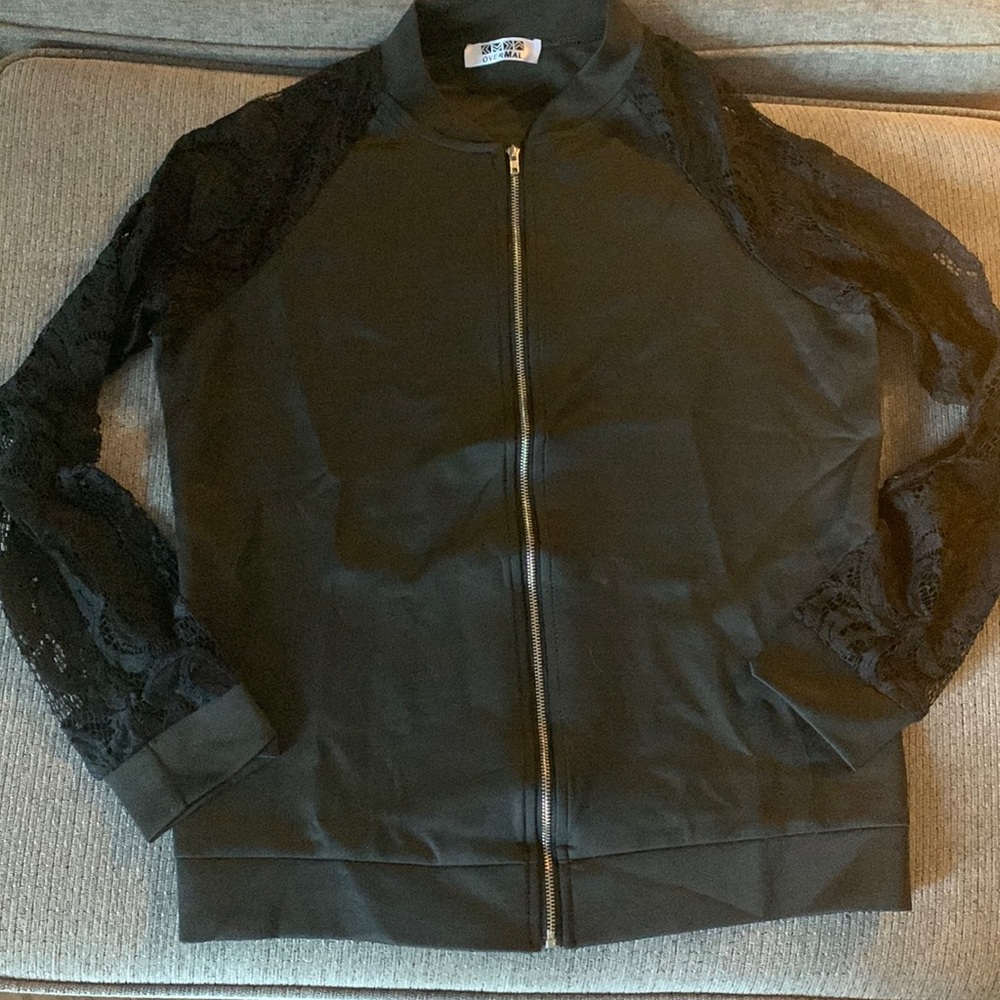 Black Zip up sweater / jacket with lace sleeves